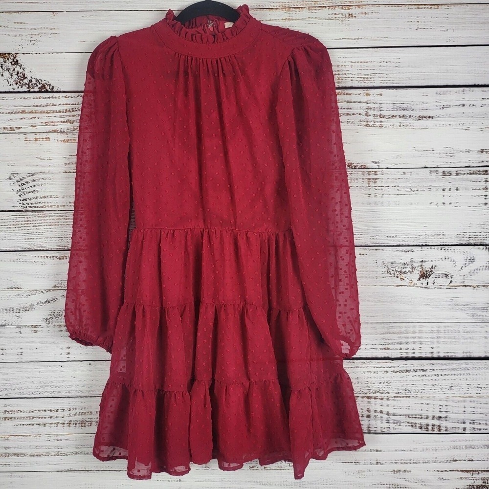 Francescas Mi Ami Cottage Core Midi‎ Dress M Womens Red Long Sleeve Lined Mock